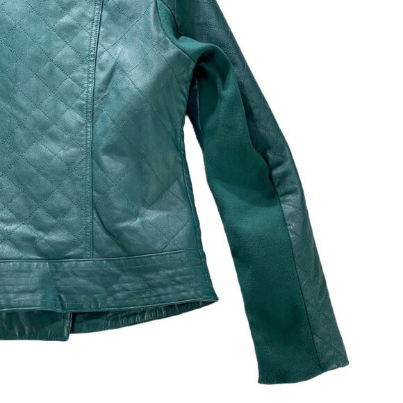 Iman Teal Leather Asymmetrical Moto Jacket XS Zipper Pockets Womens Size Small - Picture 12 of 13